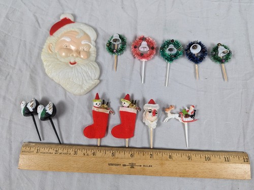 Vtg Christmas Cupcake Topper Cocktail Sandwich Picks Santa Snowmen Wreaths Japan - Picture 2 of 23