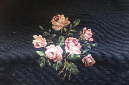 Antique Pillow Cover Floral Needelpoint Black Wool Velvet Back 16.5" AS IS - Picture 2 of 14