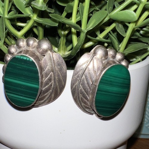 Vintage Large Clip-On Earrings Sterling Silver Green Malachite TC-25 Mexico - Picture 1 of 9