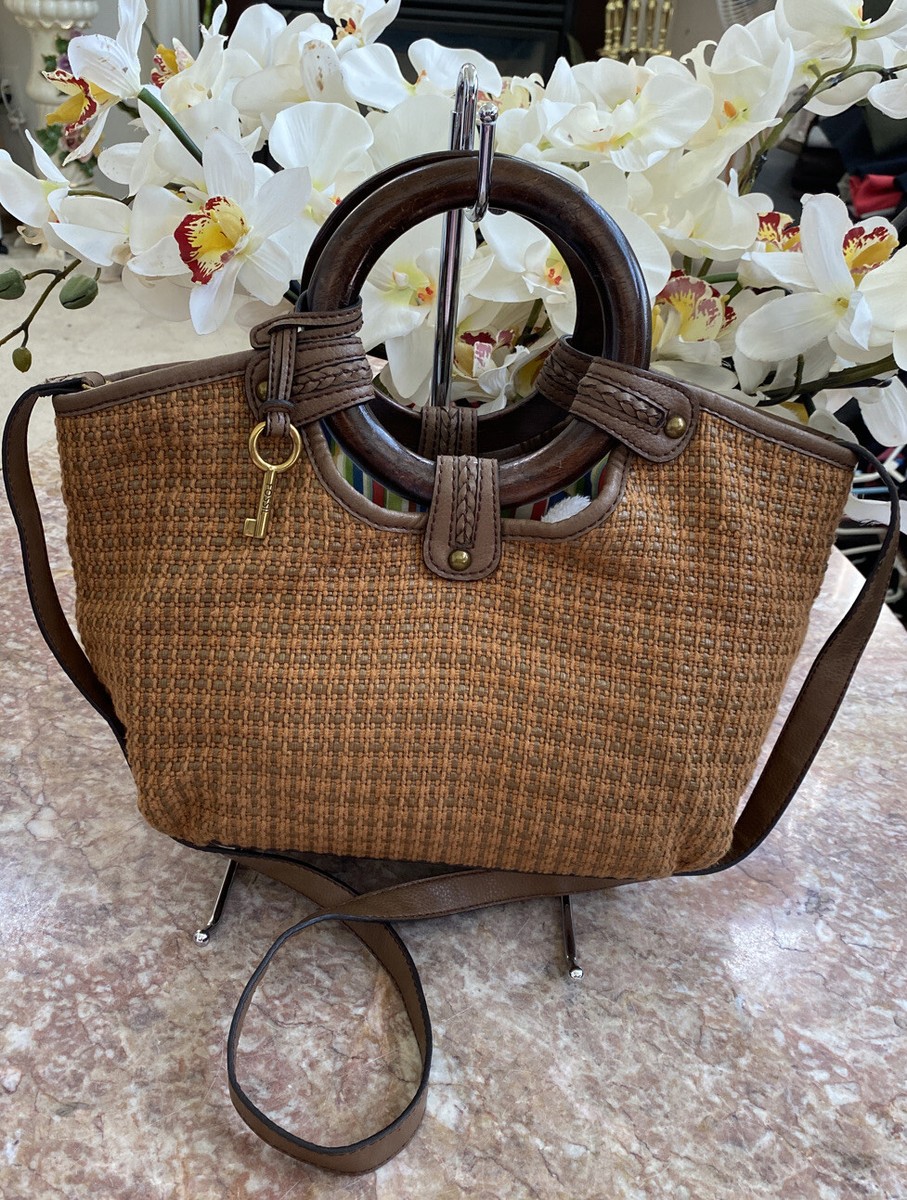 Wooden Handle Straw Bag With Rounded Handles Fossil Brown Woven