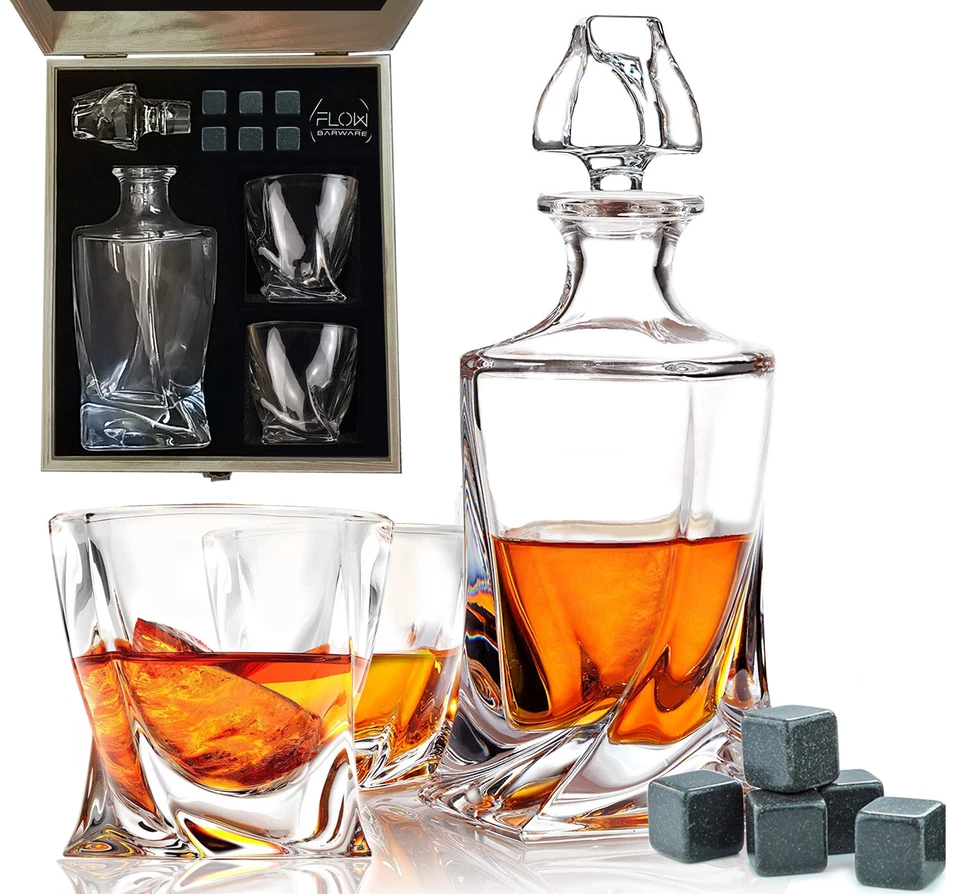 FLOW BARWARE Twist Whisky Decanter, Crystal Whiskey Glasses & Whisky Stones Gift Box Set