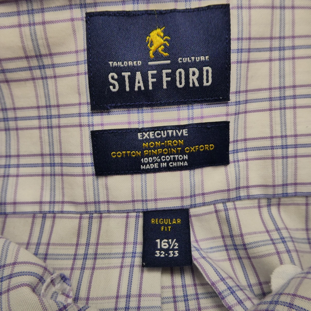 Stafford Mens Dress Shirt 16.5 32 33 Purple Blue Plaid Executive