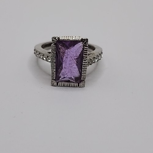 Ring Silvertone Size 8 Rectangular Purple Stone W… - image 8