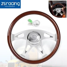 18" Wood Steering Wheel 4 Spoke Chrome For Freightliner/Kenworth/Peterbilt/Volvo