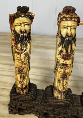 Fu, Lu & Shou Chinese Gods Sanxing Vintage Hand Carved & Tinted Bovine Bone - Picture 3 of 24