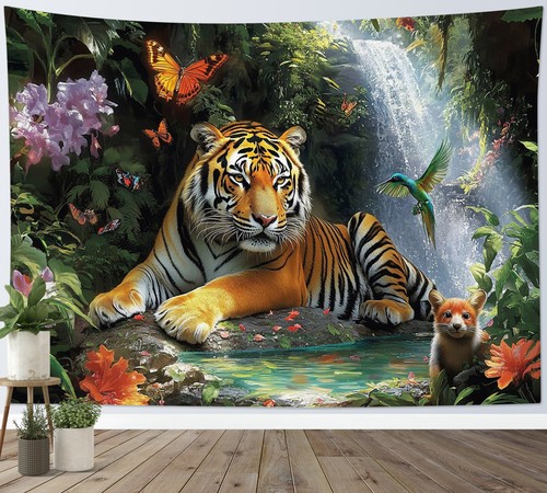 Butterfly Wild Animal Tiger Green Forest Tapestry for Bedroom Living Room Dorm - Picture 14 of 15