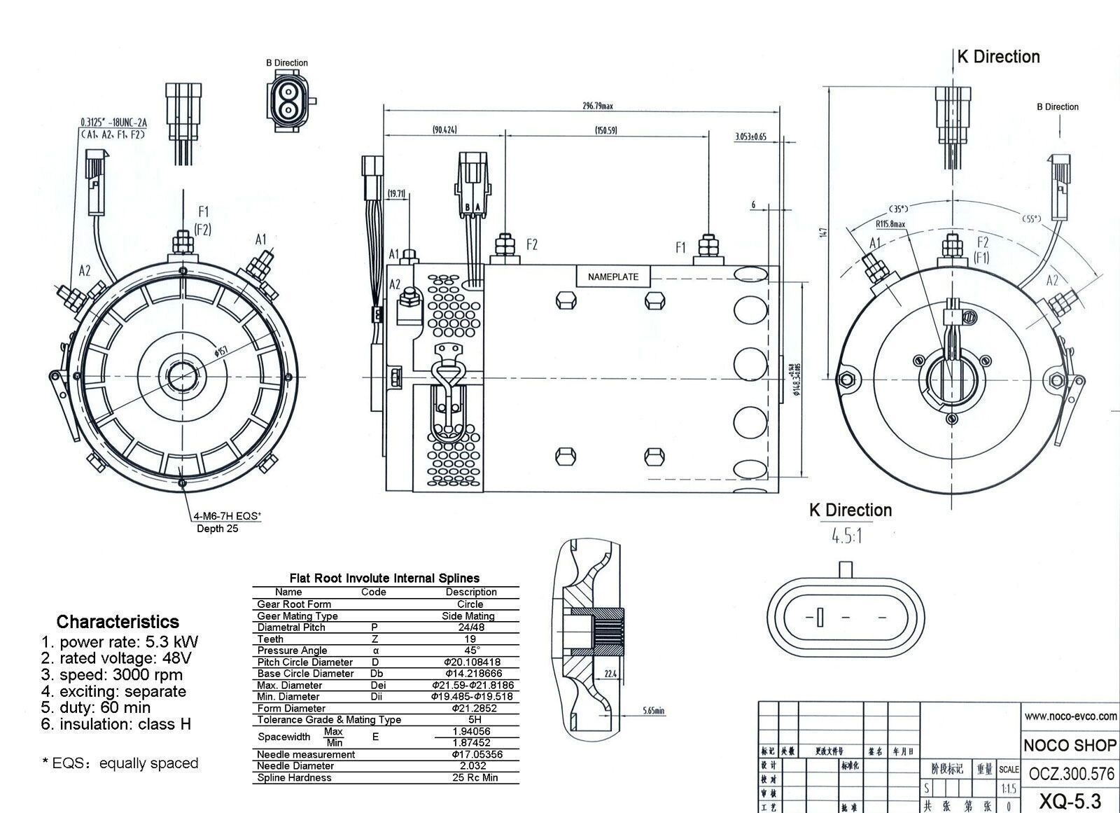 Electric Cart DC Motor fits Fit 48 Volt Motor XQ 5.3, 19 Spline 5.0 HP w/Sensor