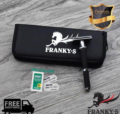 STAINLESS STEEL HEAVY DUTY DOUBLE EDGE SAFETY RAZOR FOR MEN + 10 SHAVING BLADES
