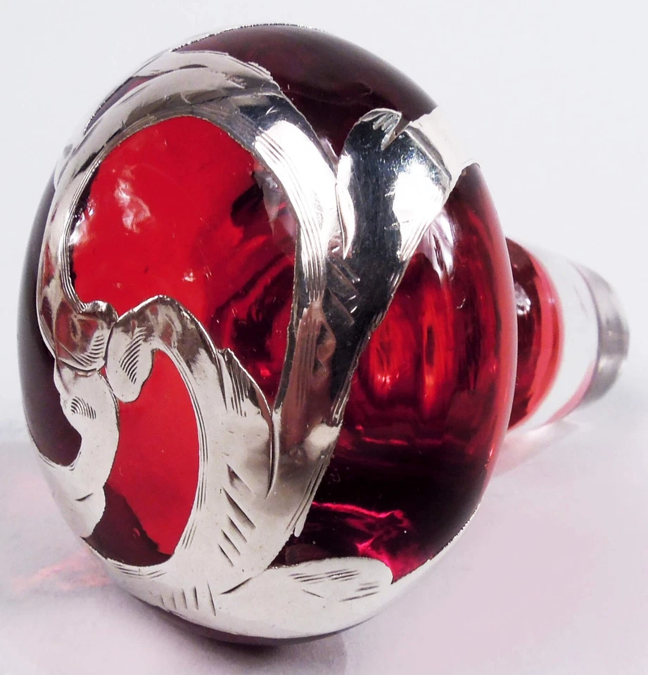 Antiguo Perfume Art Nouveau Botella Perfume Vidrio Rojo Americano Superposición Plateada Foto 4 de 4