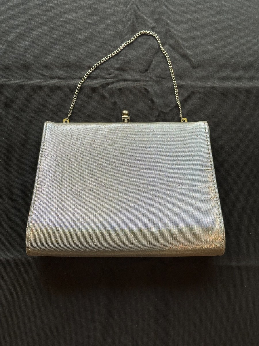 Pretty Vintage Metallic Silver Shimmery Bag Clutch Purse W/ Silver Chain  Clip