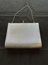 Pretty Vintage Metallic Silver Shimmery Bag Clutch Purse W/ Silver Chain Clip