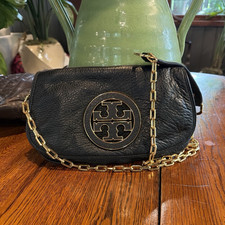 Tory Burch Black Pebbled Small Crossbody Bag Chain Strap Gold Hardware