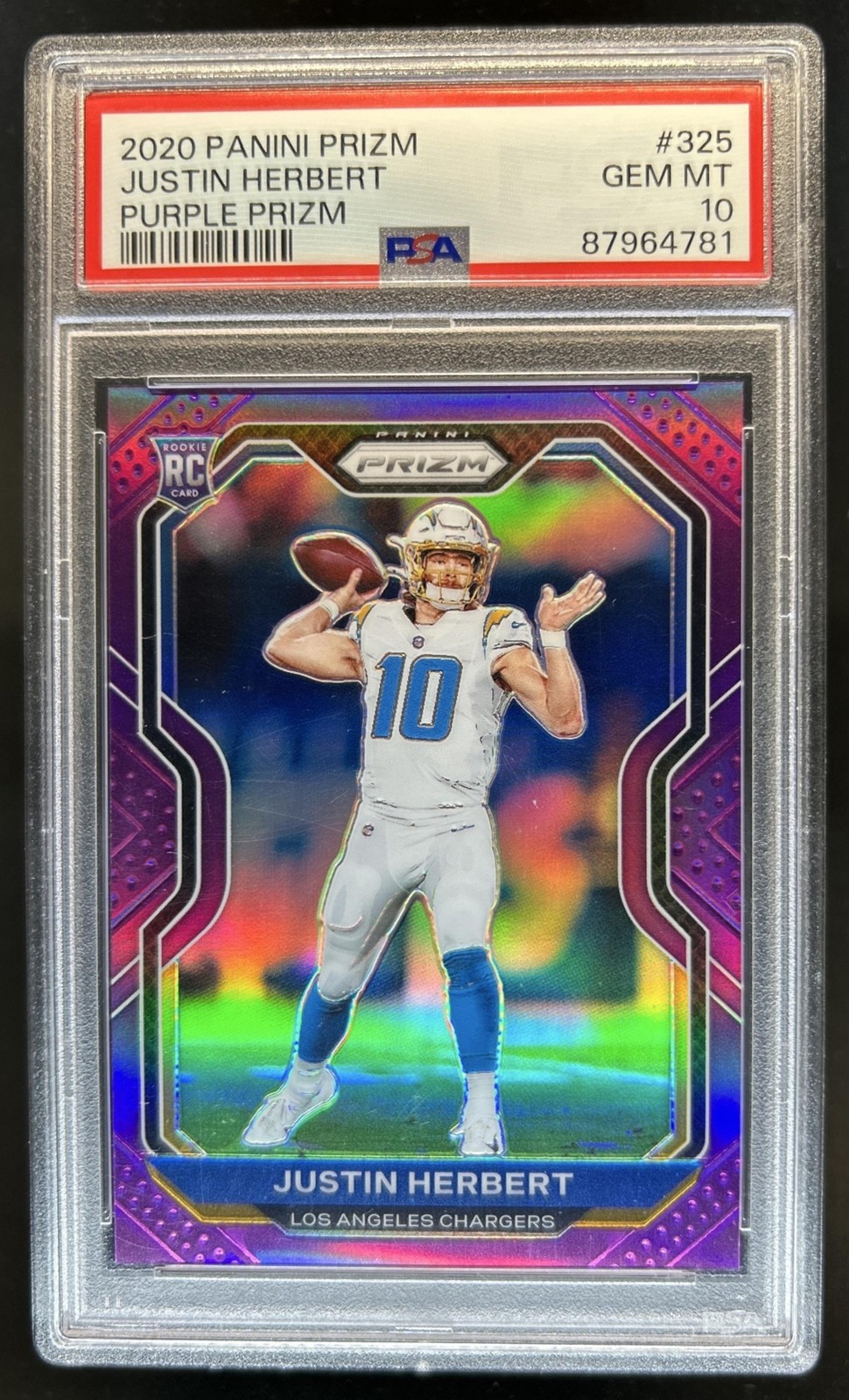 2020 Panini Prizm Justin Herbert RC Purple Rookie /125 Chargers #325 PSA 10