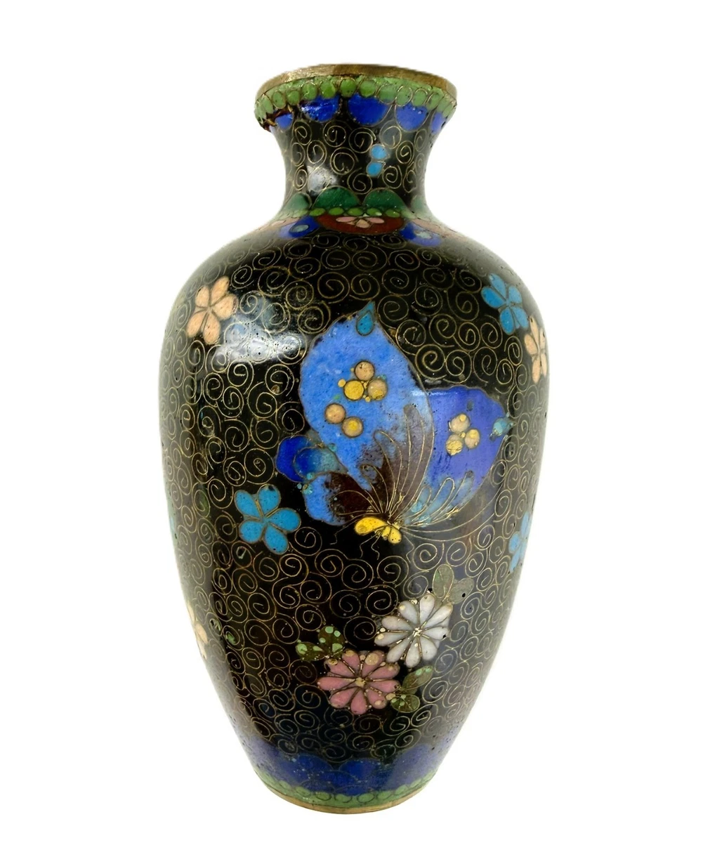 1571  景泰藍　花瓶2客　花台2客付き　骨董　時代物 黑色景泰蓝日本古董花瓶| eBay