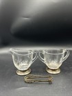 Sterling Silver & Glass Sugar Open Bowl & Creamer Set With Tongs