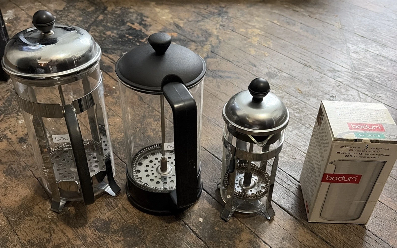 French Coffee Press by Bodum Cup Steel Chrome Set Of 3 & Spare Glass