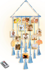 Hanging Photo Display Wall Decor, Blue Macrame Hanging Boho Room Bedroom Decor,