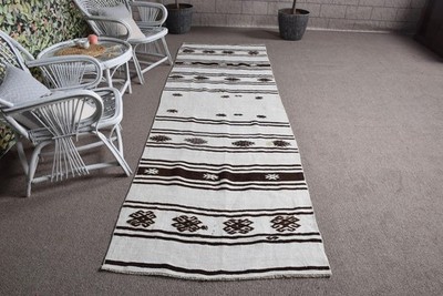 3,3x10,6 ft Vintage Turkish Rug, Runner Rug, White Kilim Ombré Rug