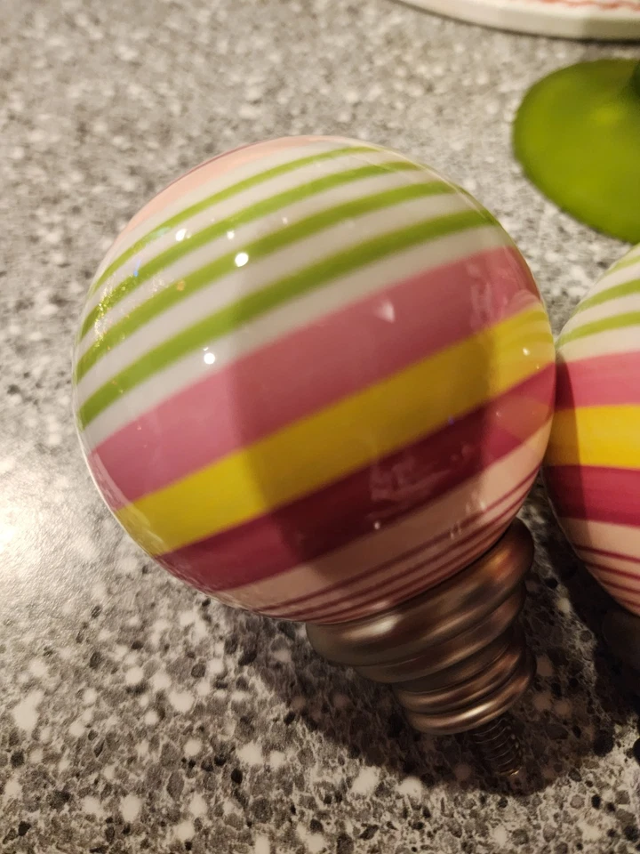 Pottery Barn Curtain Rod Finials Set of Two Pink Green Yellow Striped Ceramic - Image 4 of 4