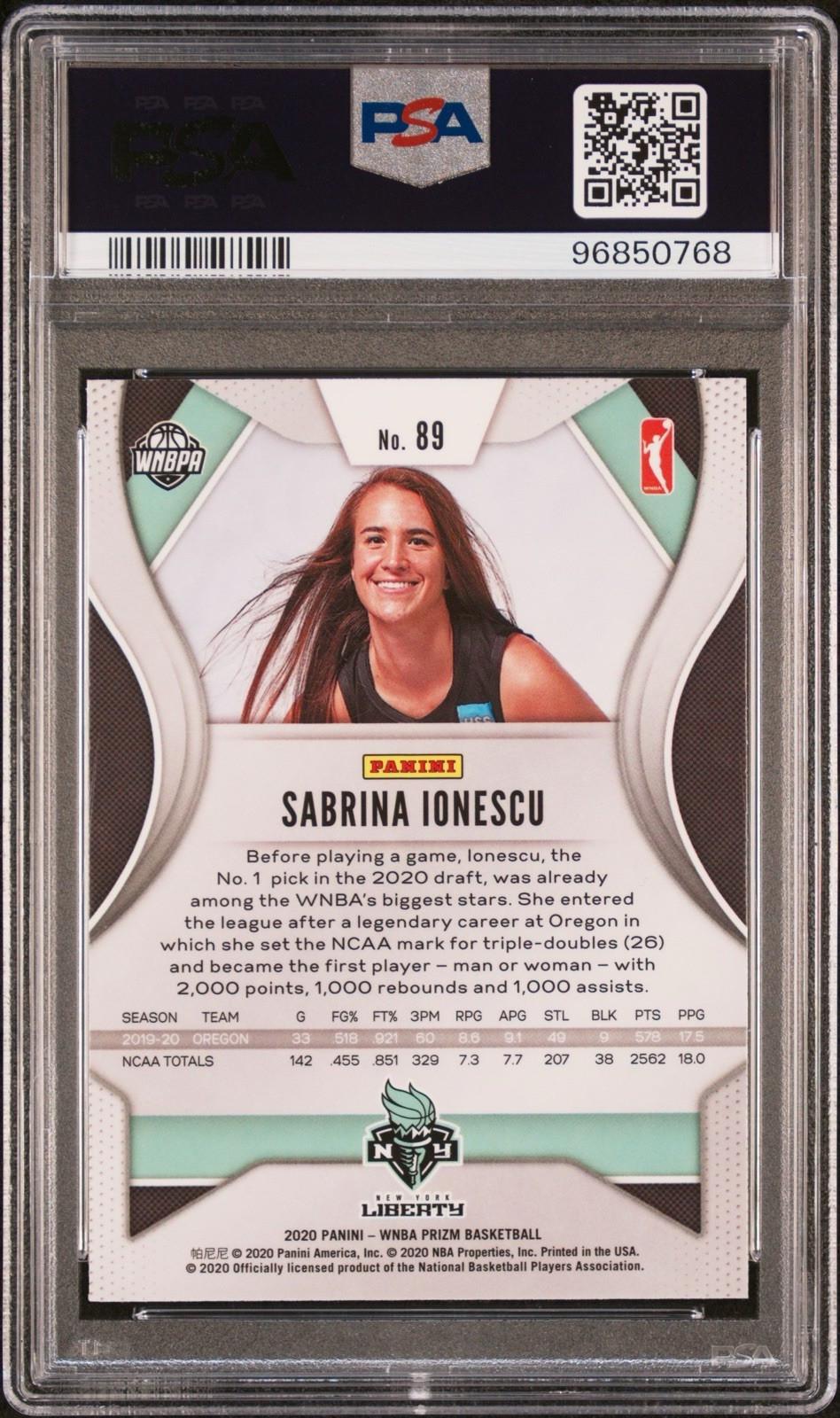 2020 Panini Prizm WNBA #89 Sabrina Ionescu RC PSA 10 Liberty Future HOF view 2