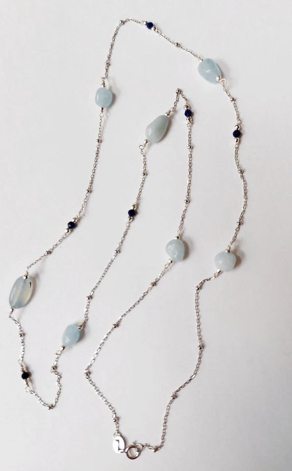 Collana in argento 925 lunga 70 cm con acquamarina, lapislazzuli ematite argenta - Immagine 3 di 4