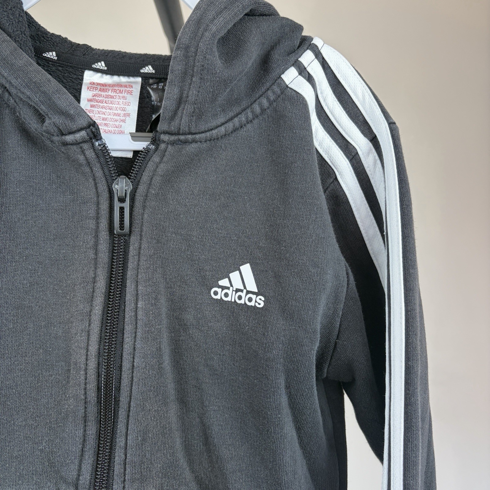Adidas Kids Black Full Zip-Up Hoodie Jumper with White Stripes Age 7-8 Years image 2