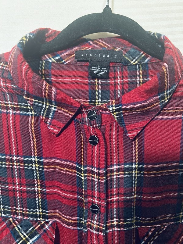 Sanctuary Women's Red Plaid Collared Long Sleeve Button-Up Shirt L
