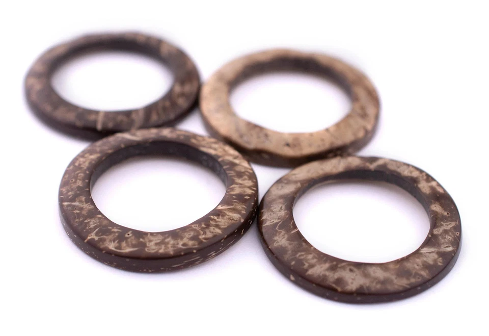 Pingentes de anel de casca de coco natural 35 mm, conjunto com 20 furos grandes de madeira marrom - Imagem 4 de 4