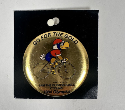 VINTAGE 1984 SUMMER OLYMPICS Go for Gold Pinback Button Sam The Eagle CYCLING
