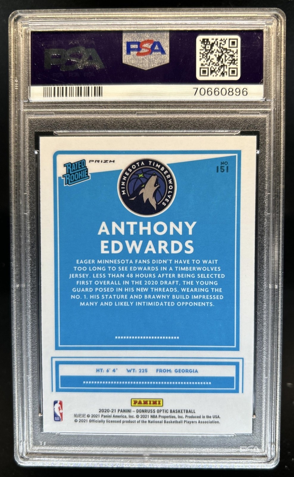 2020-21 Panini Donruss Optic Anthony Edwards Fanatics Prizm Rookie RC #151 PSA 8 view 2