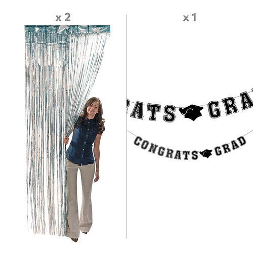Graduation Party Congrats Grad Silver Fringe Backdrop Kit - 3 Pc. - Picture 2 of 2