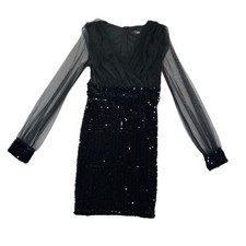 CBR Dress Women M Black Mini Sequin Cocktail Sheer Mesh Sleeve V-Neck Glam Party