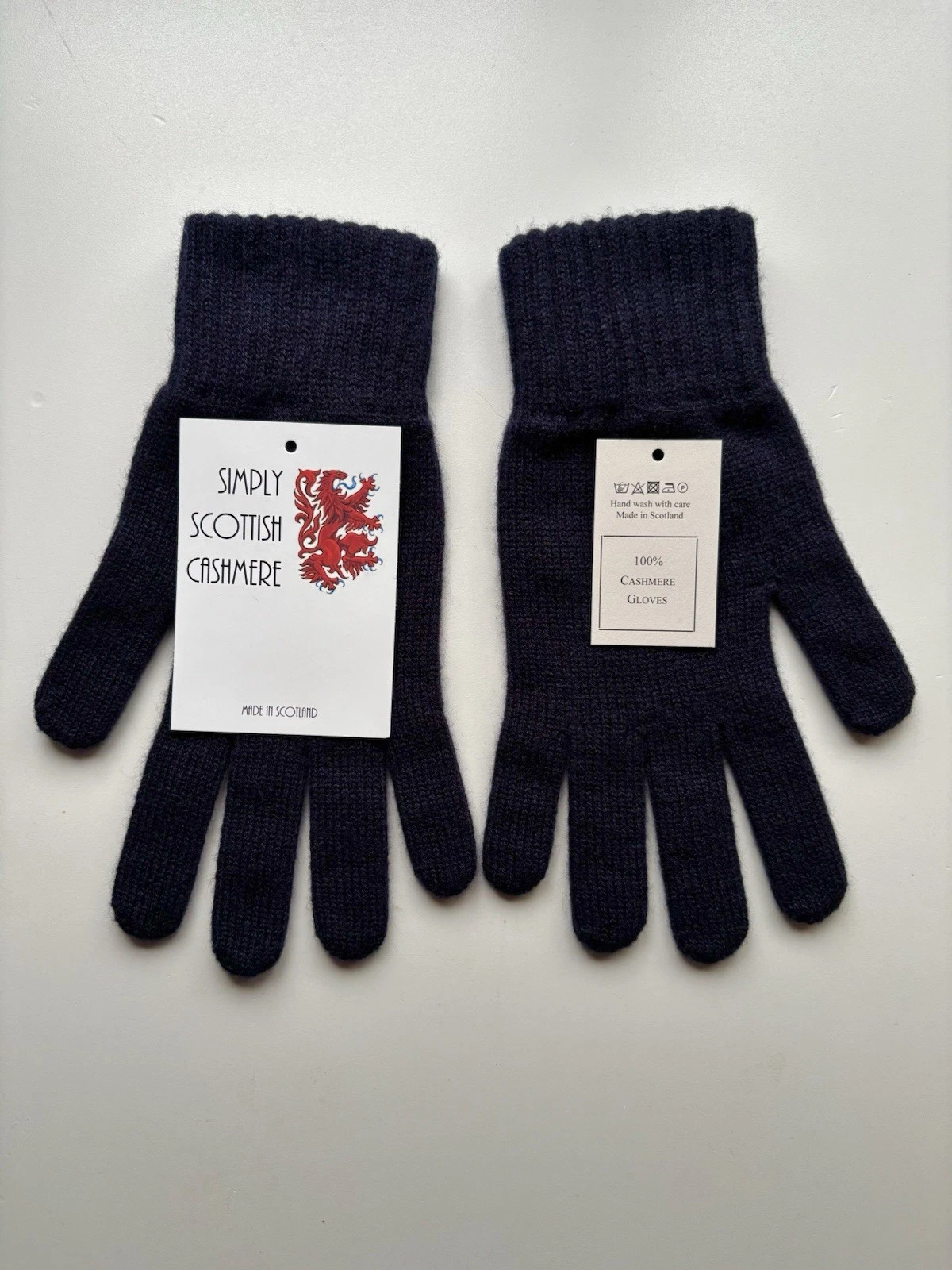 100% Pure Cashmere Knitted Classic Navy Blue Gloves Ribbed Cuff LARGER UNISEX