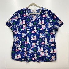 Scrubstar 3XL/3XG Scrub Top Christmas Snowman Penguin Print Blue V-Neck