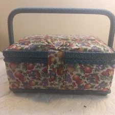 Vintage Sewing Basket Box w/ Handle Fruit Pattern Padded Fabric W/ Some Notions