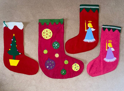 Vintage 80er Handarbeit Weihnachtsstrumpf Filzengel festlich rot Baumkugeln