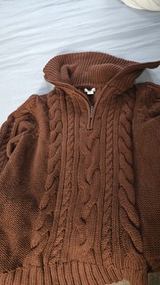 L.L.Bean Women s Brown Cotton Cable-Knit 1/2 Zip Mock Neck Sweater S