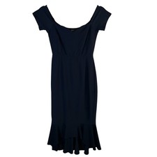 Lulus Navy Blue Off The Shoulder Ruffle High Low Hem Bodycon Midi Dress XS