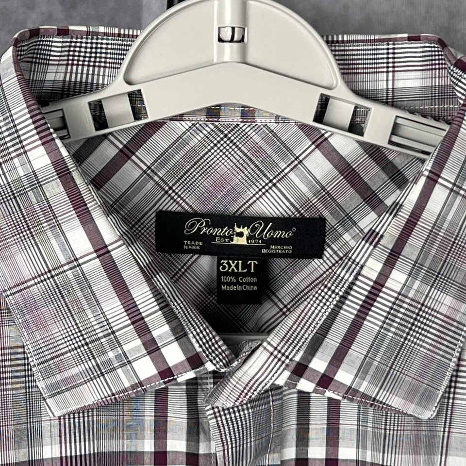 Pronto Uomo Shirt Men’s 3XLT Button Up Cotton Maroon Gray Plaid - Image 2 of 4