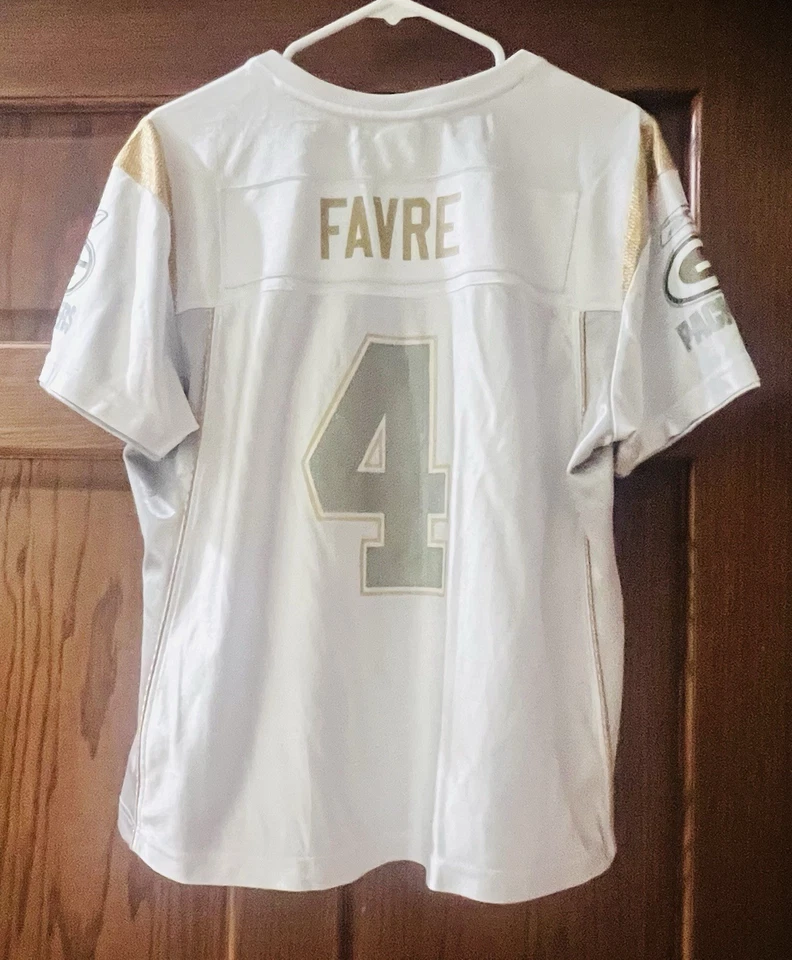 Camiseta deportiva Green Bay Packers Brett Favre #4 Reebok niñas XL blanca gris dorada NFL Foto 3 de 4