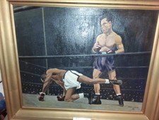 Antique Original Oil  painting Joe Louis verses Joe Walcott signed by painter