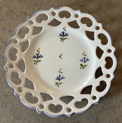 MOUSTIERS :: STUDIO ART POTTERY 9 3/4  PLATE  Peacock Dancing  Pierced FRANCE