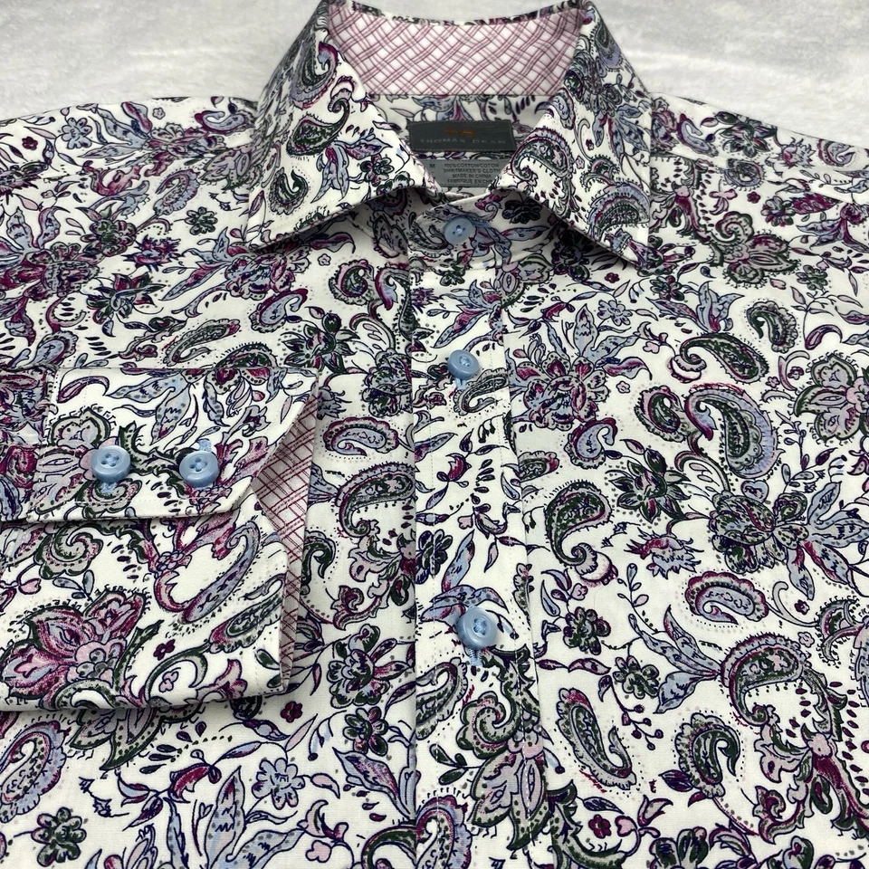 Thomas Dean Dress Shirt Mens Medium Purple/Gray Paisley Contrasting Trim - Image 4 of 4