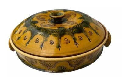 Bulgar Bulgaria Pottery Troyan Redware Casserole Dish W/Lid & Handles 12  VTG