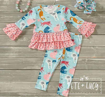 NWT Pete and Lucy Girls Playful Cats Pant Double Ruffle Sleeved Tunic Set 10-12