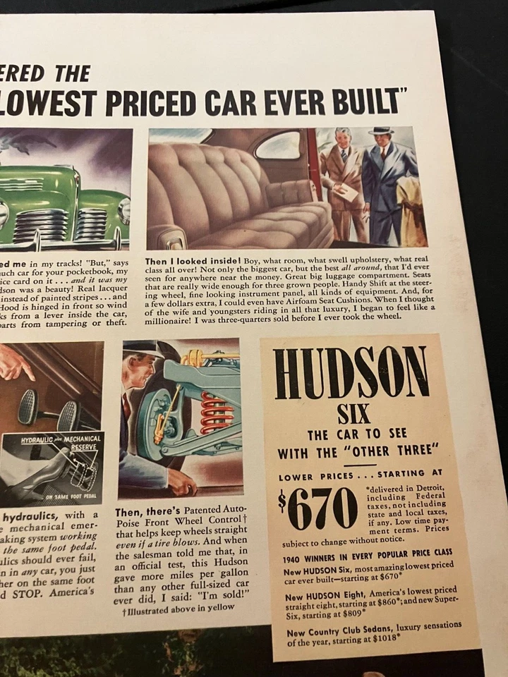 Red 1940 Hudson Six Touring Sedan - Vintage Original Print Ad / Wall Art - CLEAN - Image 3 of 4