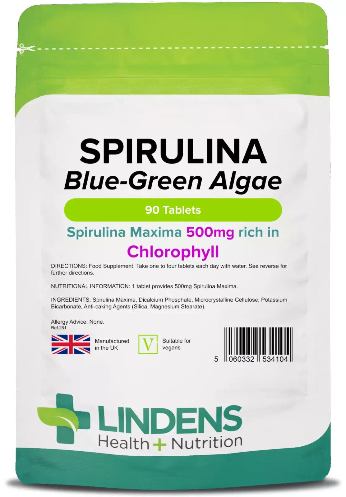 Lindens (1 Pack - 90 Tablets) Spirulina 500Mg 90 Tablets Organic Blue-Green Algae Chlorophyll Amino - Image 2