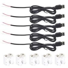 5-Pack USB 2-Wire Male Pigtail Cable 5V 1A 28AWG w/Quick Connector 3.3ft