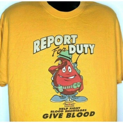 Community Blood Bank Report For Duty Give Blood Vintage 1990s Tshirt Yellow