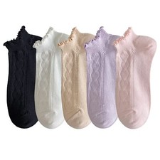 Women Ruffle Frilly Rib Knit Ankle Socks Heart Pattern Textured Casual Cute L...